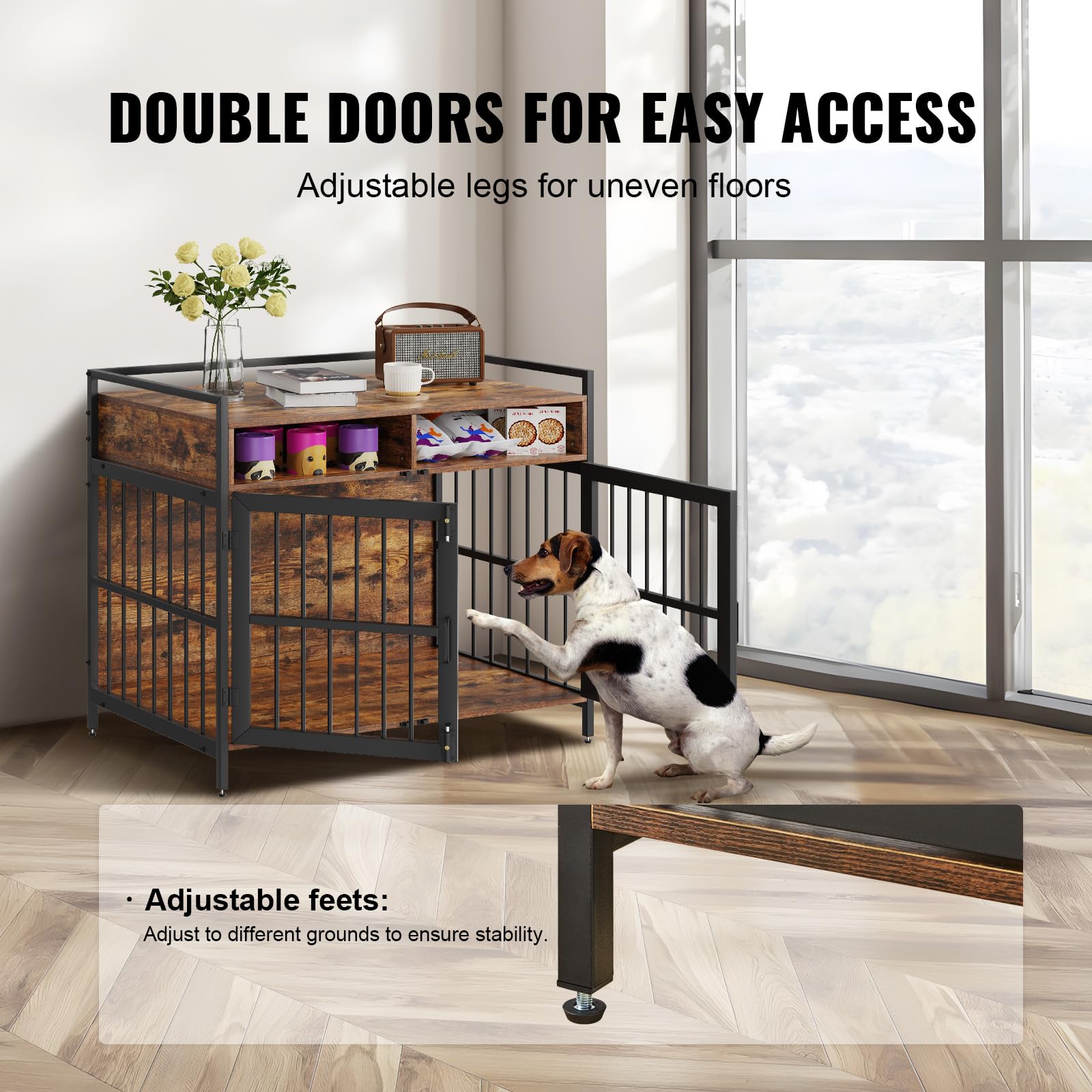 VEVOR Furniture Style Dog Crate with Storage, 41 inch Dog Crate Furniture Large Breed with Double Doors, Wooden Dog Cage for Lar